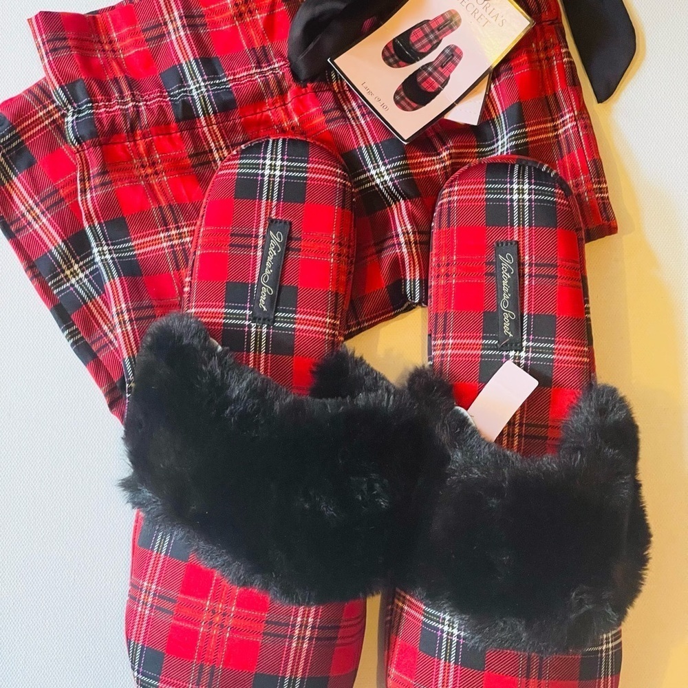 Victoria secret red plaid satin slippers